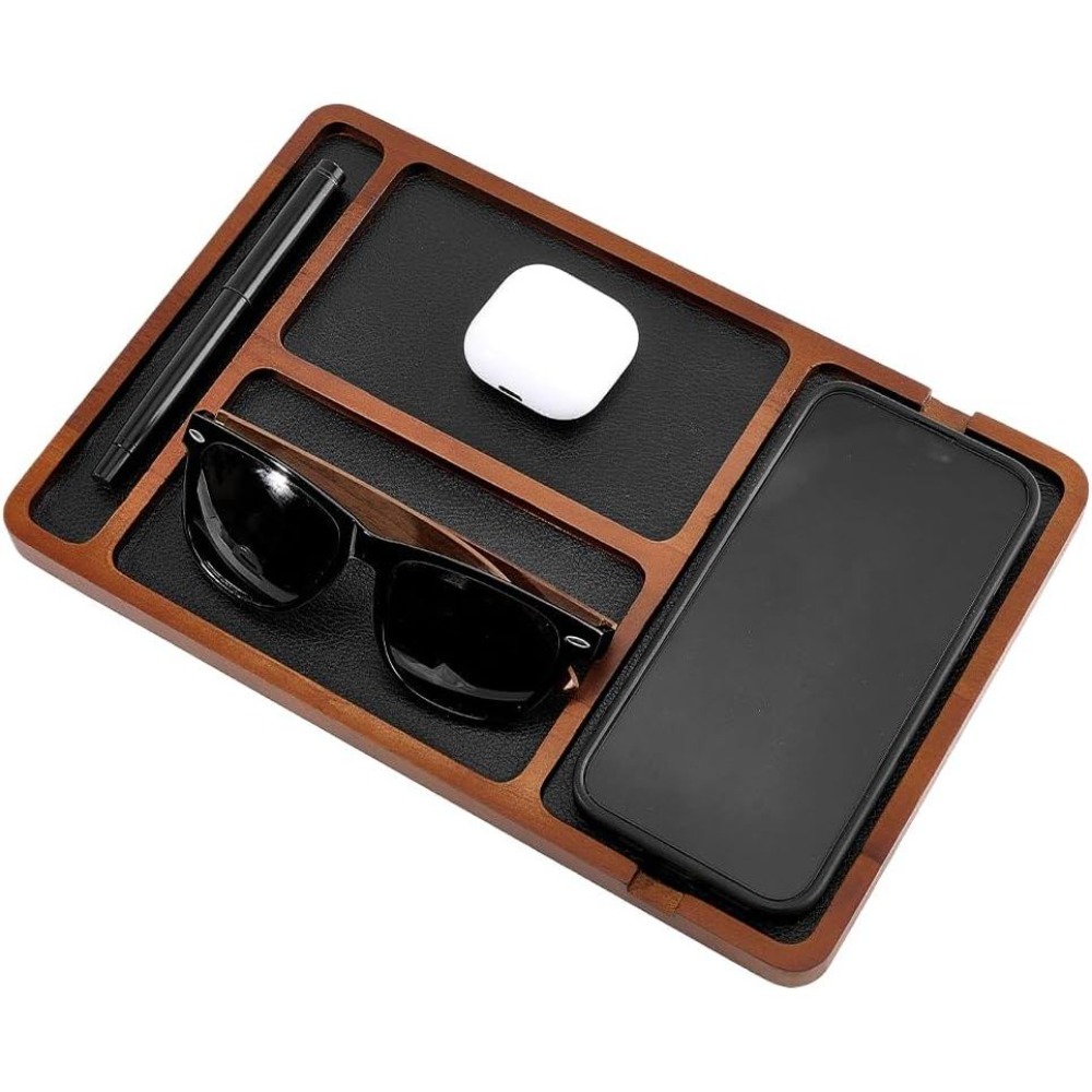 Valet Tray Nightstand Organizer Leather - Plateau de rangement en bois pour