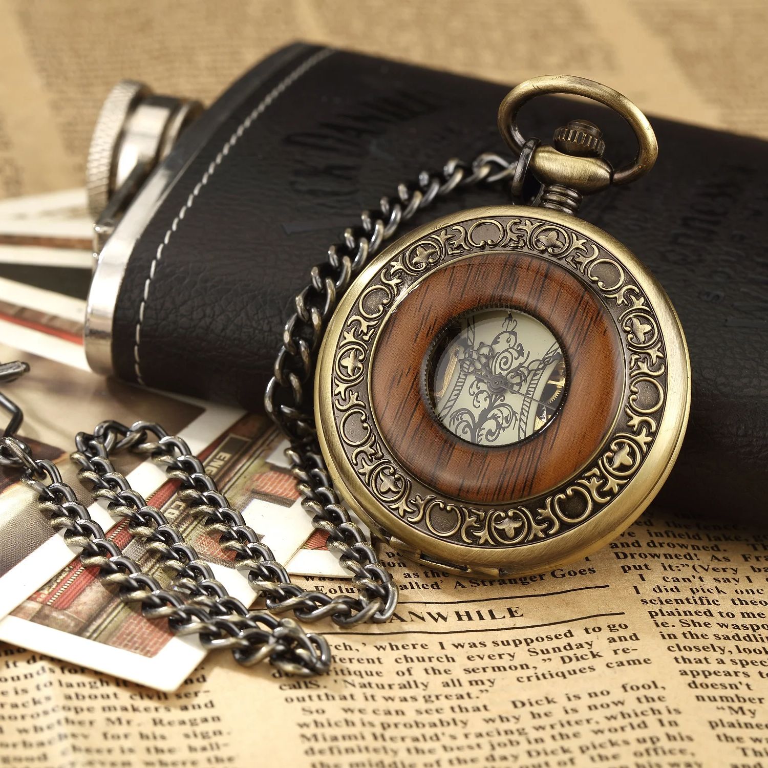 Pocket Watch Mechanical Skeleton Vintage - Vintage luxe anneau en bois squelette