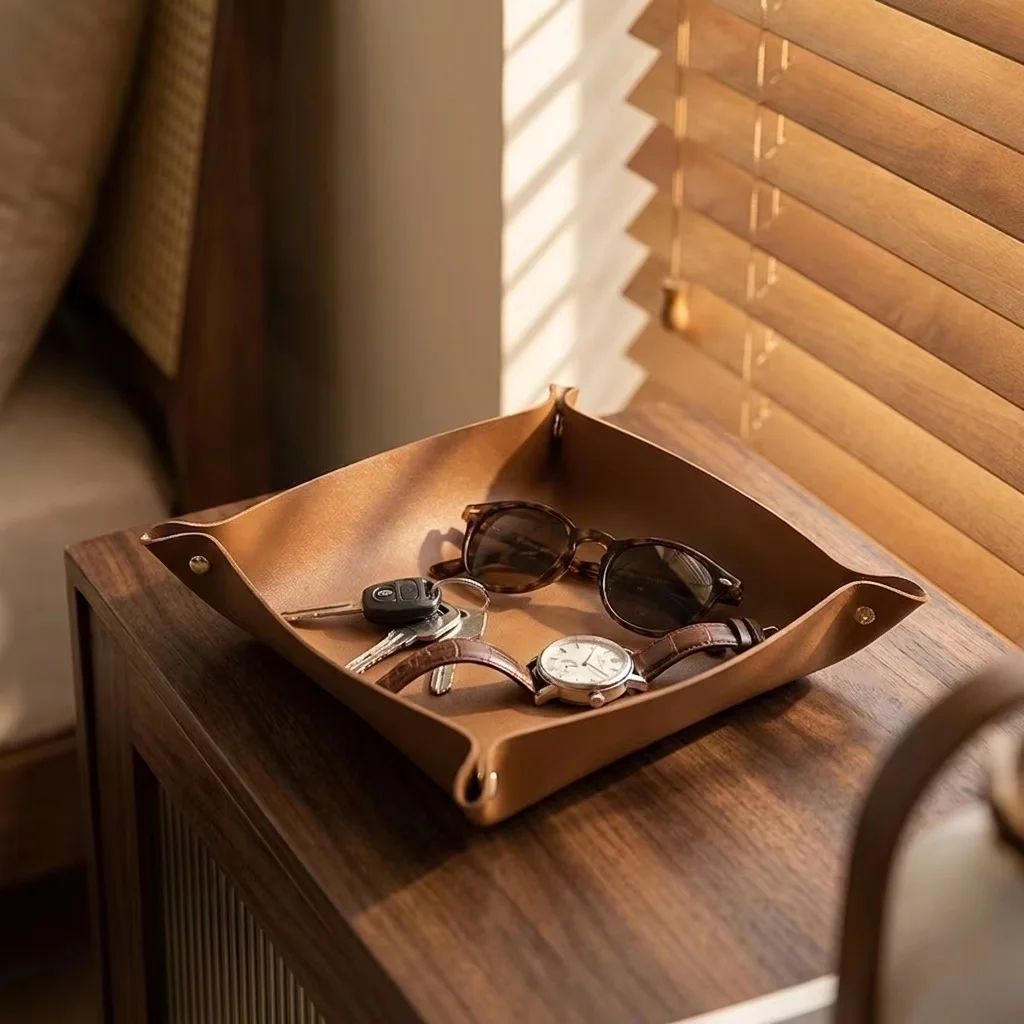 Valet Tray Nightstand Organizer Leather - 1PC Plateau Valet Pliable 20x20CM, Organisateur