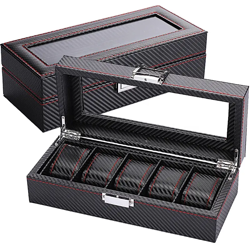 Watch Display Storage Box Carbon Fiber - WellZone mode Style 5/6/10/12 Positions noir