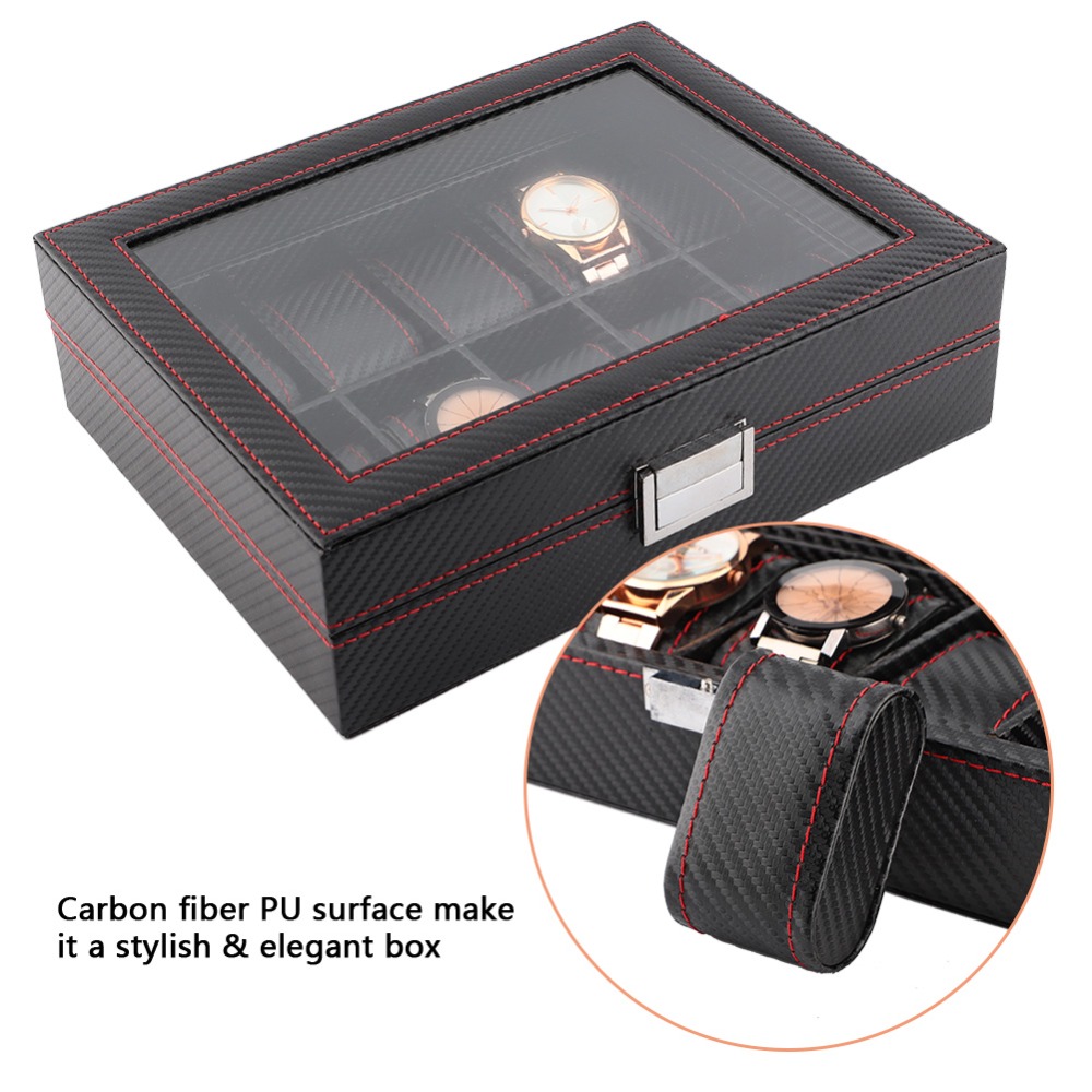 Boîte à montres en cuir à text - Watch Display Storage Box Carbon Fiber avis et prix
